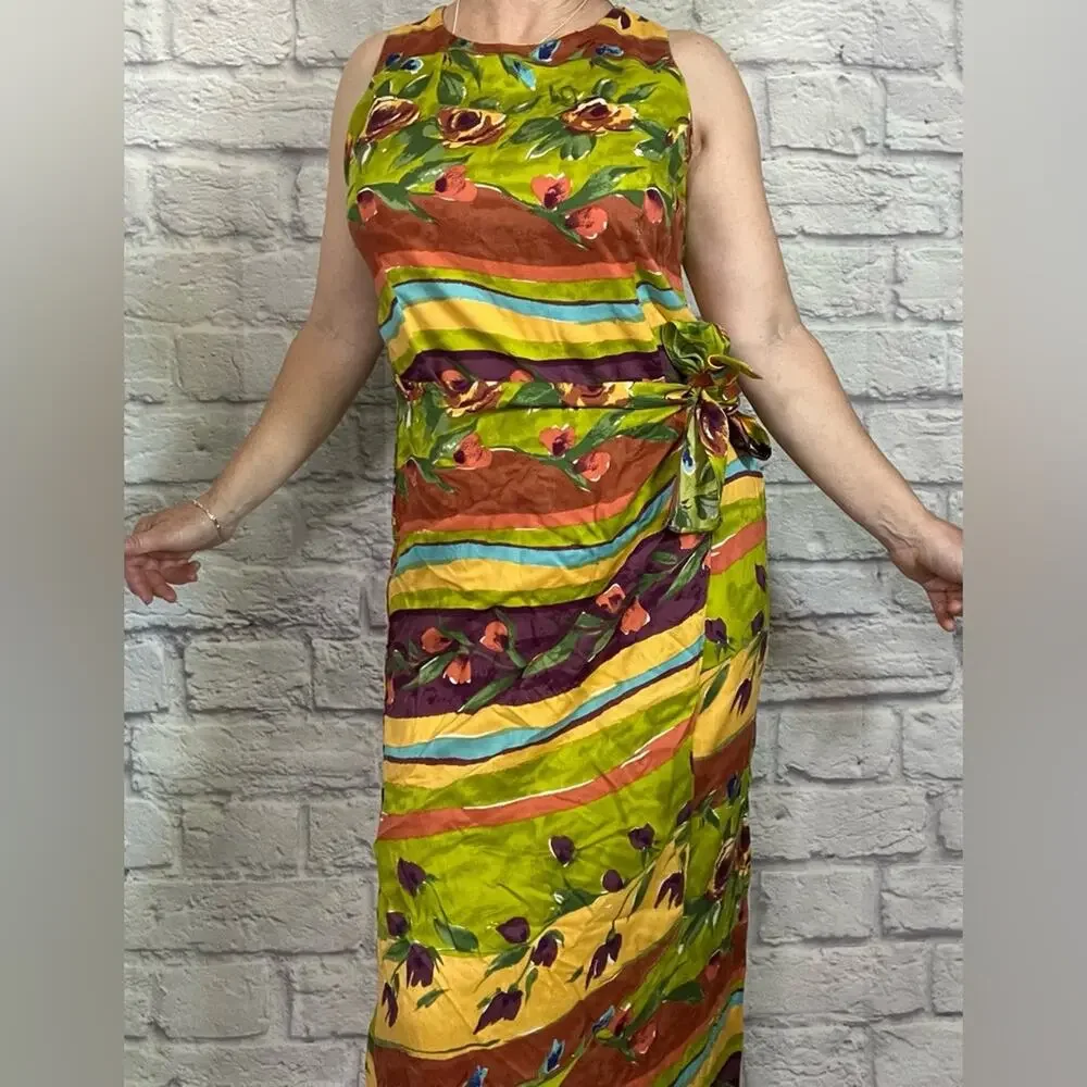 Vintage 90's Boho Floral Beachy Sleeveless Faux Wrap Dress